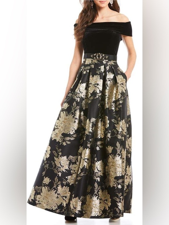 Eliza J Dresses & Skirts - Eliza J Size 8 Black & Gold Metallic Floral Off-Shoulder Formal Dress w/ Pockets